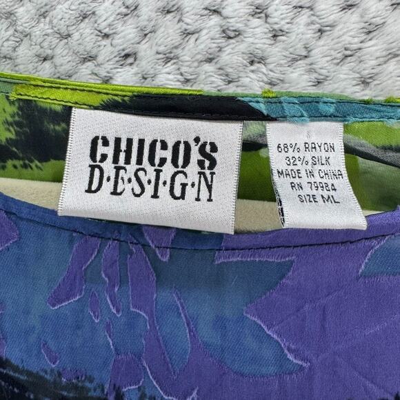 Chicos Design Top ML Blue Silk Burn Out Sheer Floral Boat Neck Shawl Pullover - Picture 2 of 13